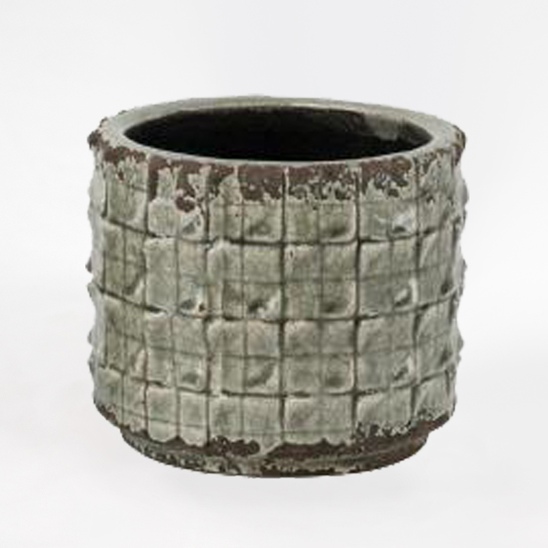 Vaso Cerâmica aos Quadrados - Verde-Cinza 13x11cm