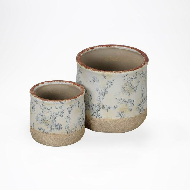 Conjunto Vaso Cerâmica Creme/Azul 16cm