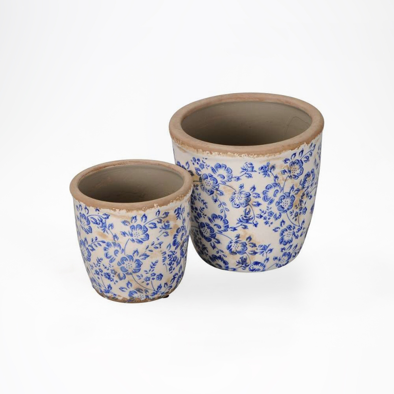 Conjunto Vaso Cerâmica azul e branco