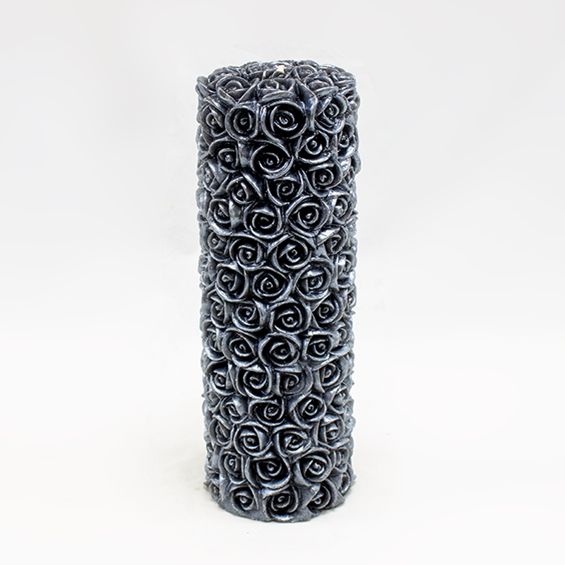Vela Cilindro com textura de Rosas  - Cinza - 22cm