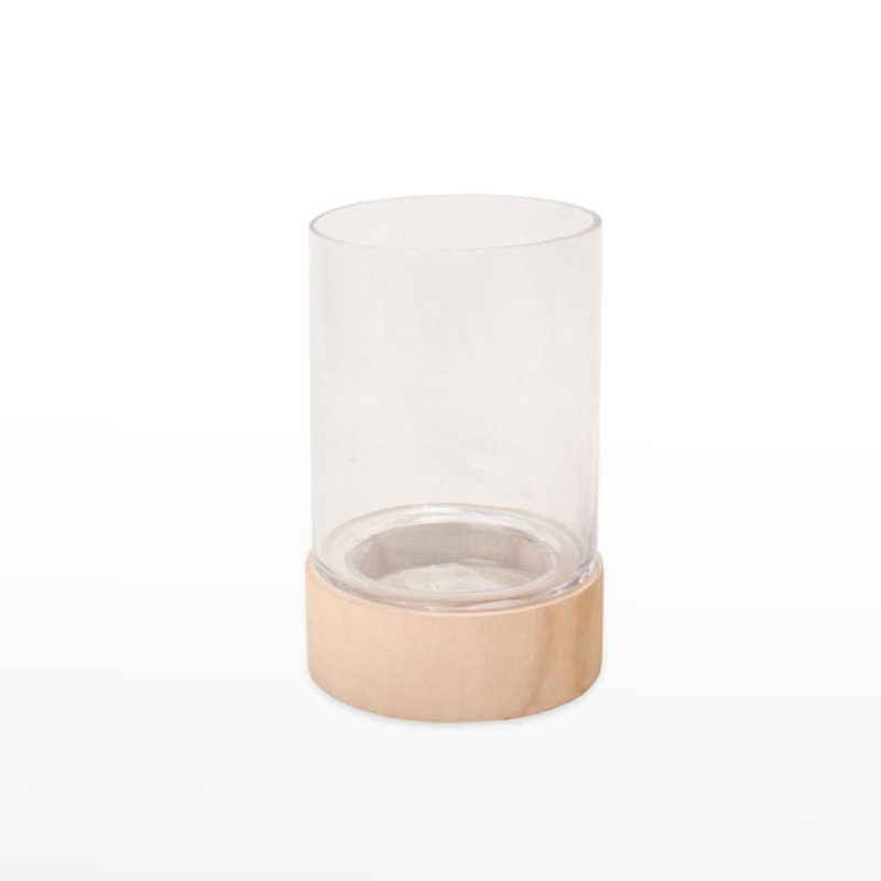 Vaso de vidro com base em madeira 13 x20cm