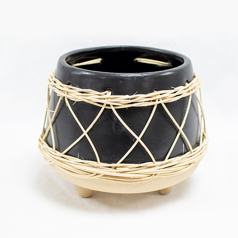 Vaso Cerâmica C/ Rattan 17.8 x 14.2cm Preto
