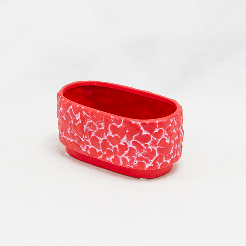 Vaso Cerâmica Vermelho Oval  com Corações  15x7 cm