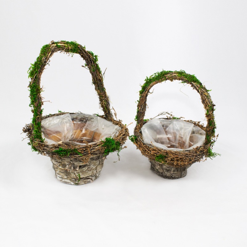 conjunto de Cestos em verga e fita de madeira decor musgo