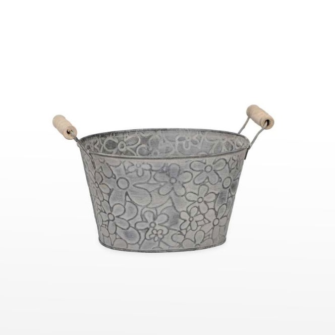 Vaso em Zinco Oval  com Flores - Cinza