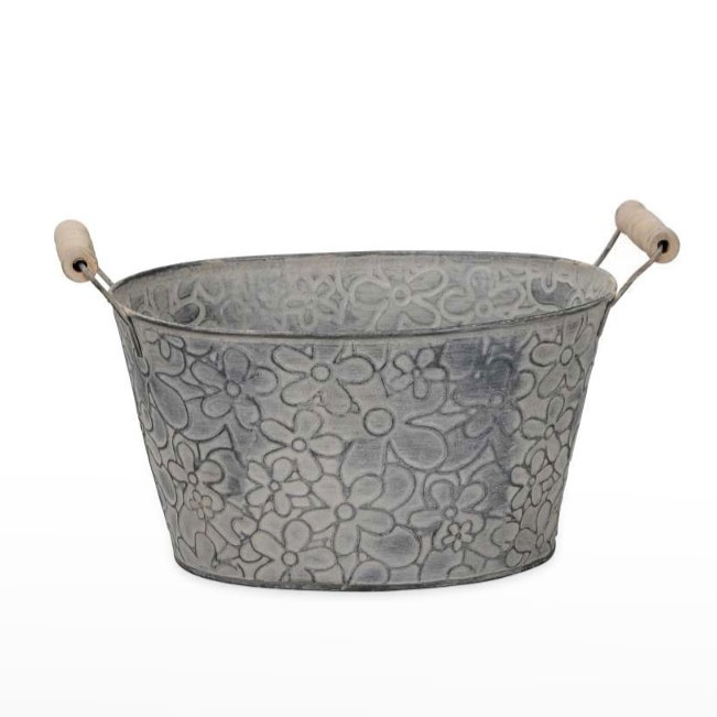 Vaso em Zinco Oval  com Flores - Cinza