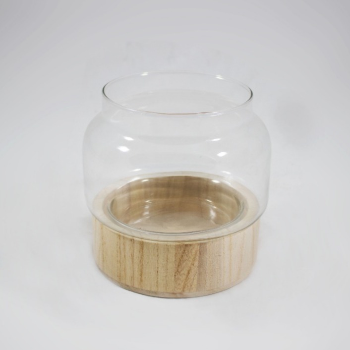 Vaso de vidro com base em madeira  - 16cm