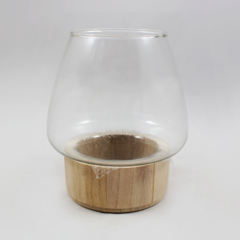 Vaso de vidro com base em madeira  - 20 cm