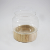 Vaso de vidro com base em madeira  - 16cm